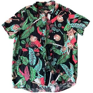 Rick and Morty Button Down Shirt Mens M Black Tropical Hawaiian Cartoon Casual